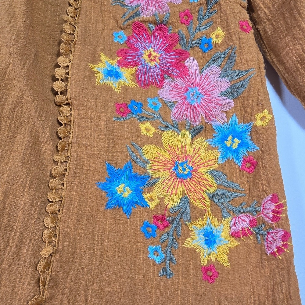 Savanna Jane Women Small Rust Brown Floral Embroidered Boho Gauze Blouse - Picture 2 of 7